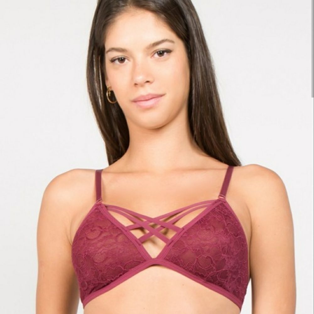 New! Front Criss-cross Comfort Lace Burgundy Bralette Size Large